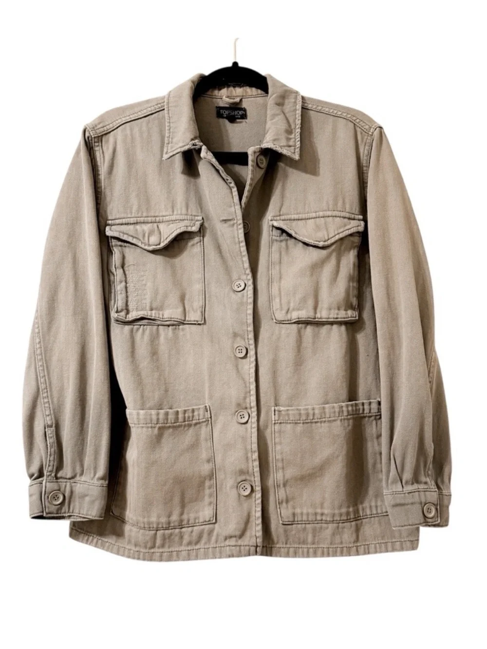Topshop Army Green Distressed Utility Jacket Button Up 100% Cotton Size 6